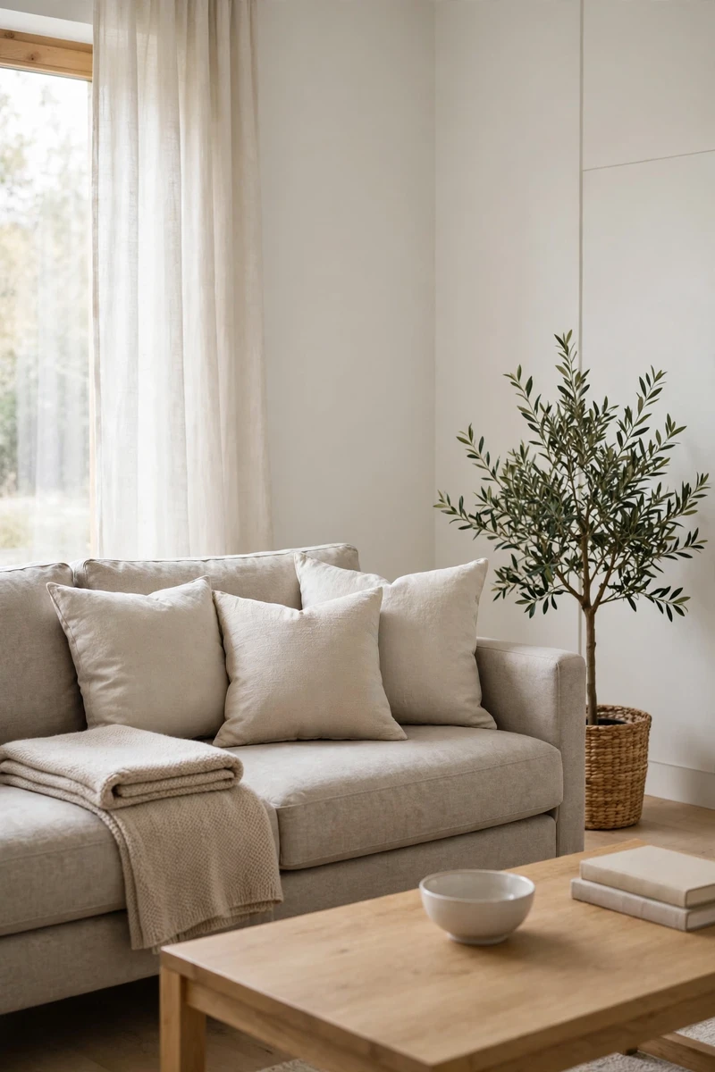 A tidy, uncluttered living room in soft daylight with a neutral linen sofa and folded throw blanket.