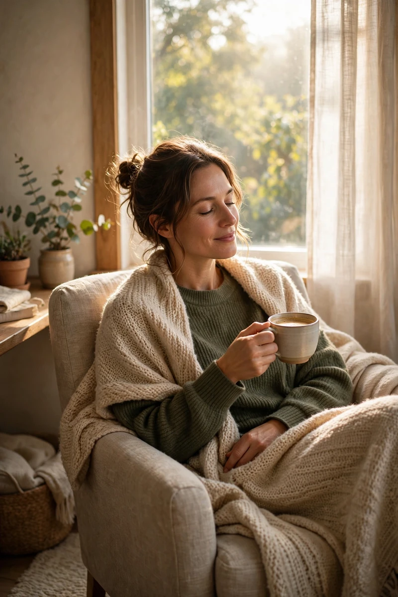A mom enjoying a quiet coffee moment in a cozy armchair by a bright window, wrapped in a soft throw.