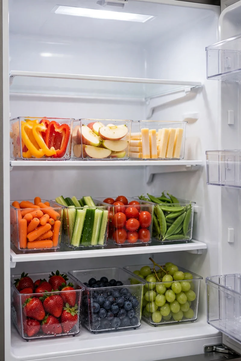 An organized refrigerator interior with clear bins of washed fruit, vegetables, and healthy snacks arranged at kid height on the lower shelves.