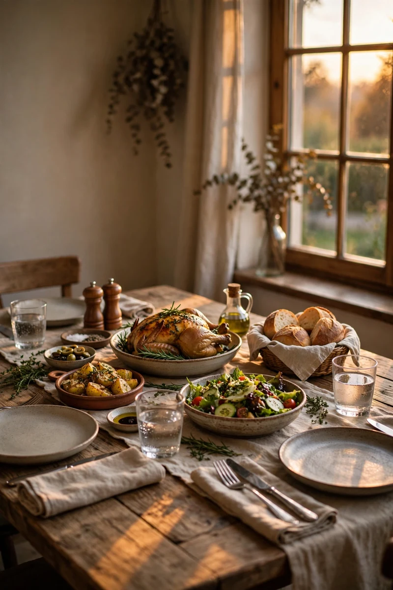 A rustic family dinner table set with a shared meal in the center, including a roast chicken, salad, bread, and potatoes, in warm evening window light.