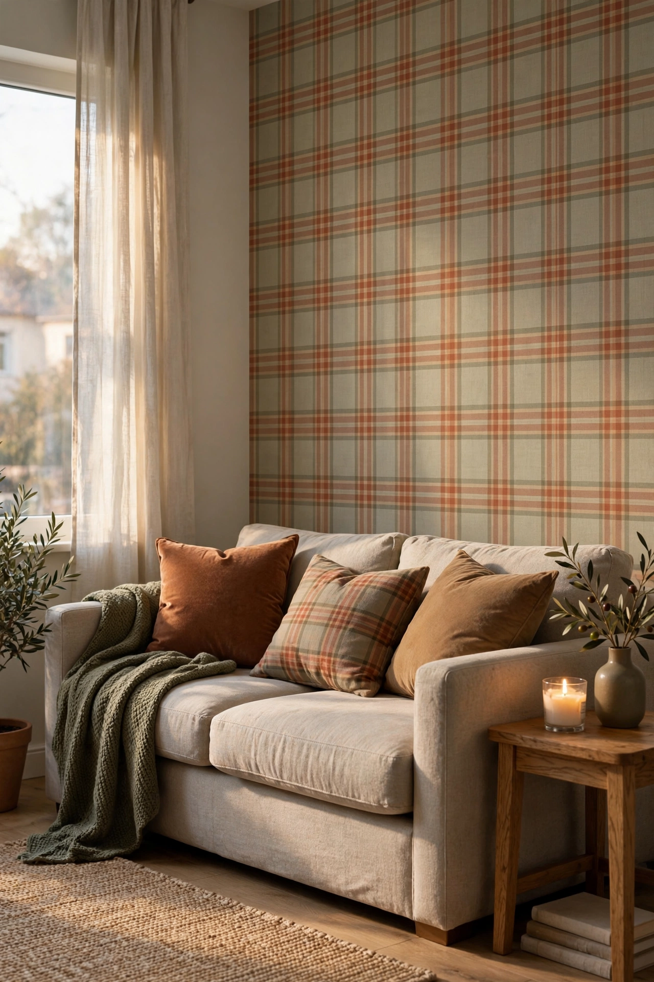 Rental living room with a warm muted plaid peel and stick wallpaper accent wall behind an oatmeal linen sofa with rust cushions and a glowing candle on an oak side table.