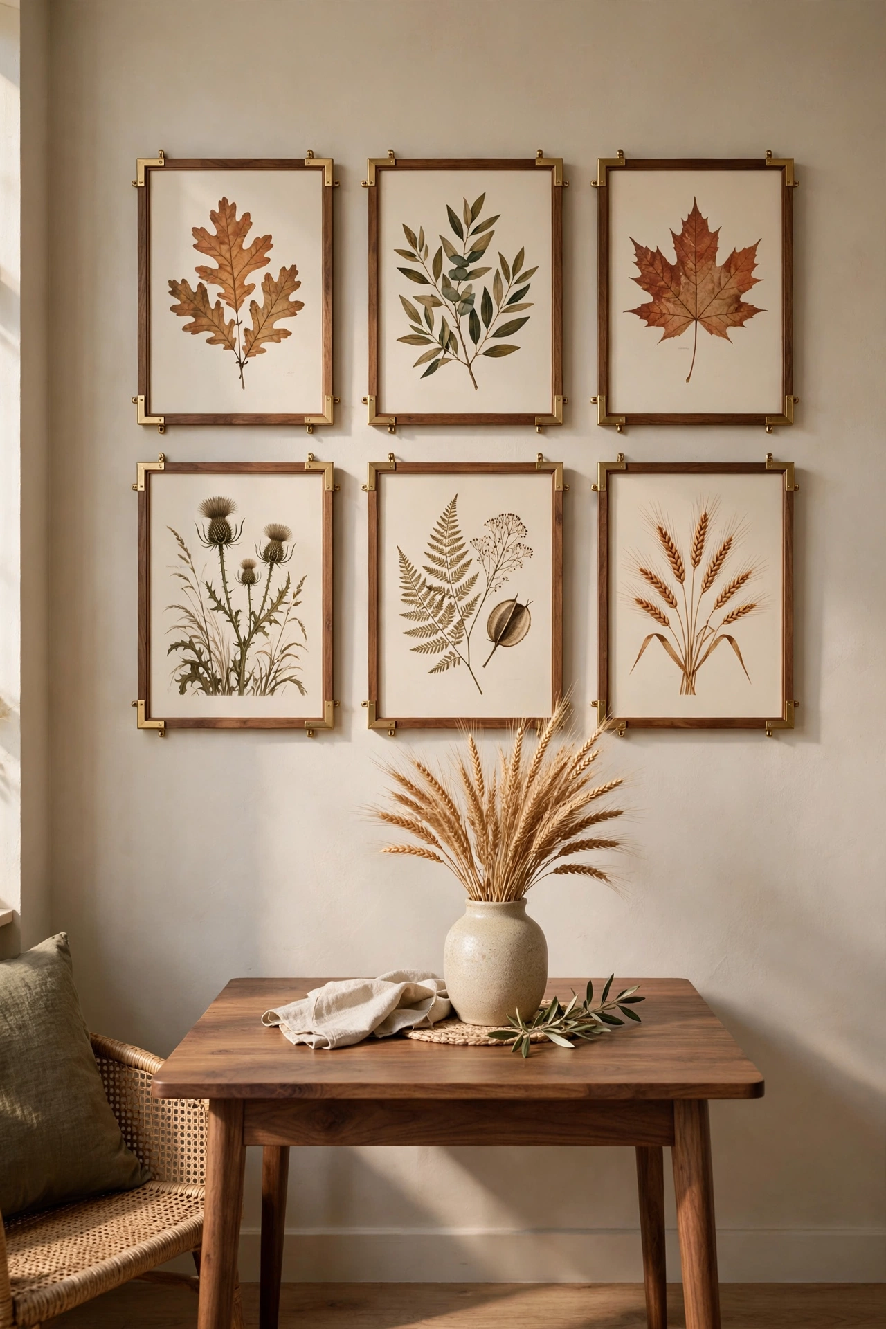 Apartment dining area wall with a grid gallery of six framed fall botanical prints in wood and brass frames above a walnut dining table with dried wheat in a ceramic vase.
