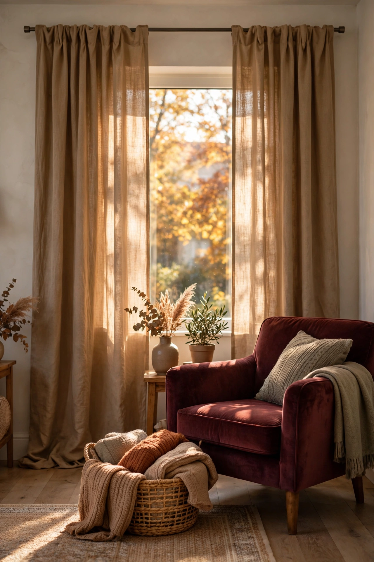 Rental living room window with long camel linen curtain panels hung high, golden fall light streaming in over a burgundy velvet armchair and a basket of throws.