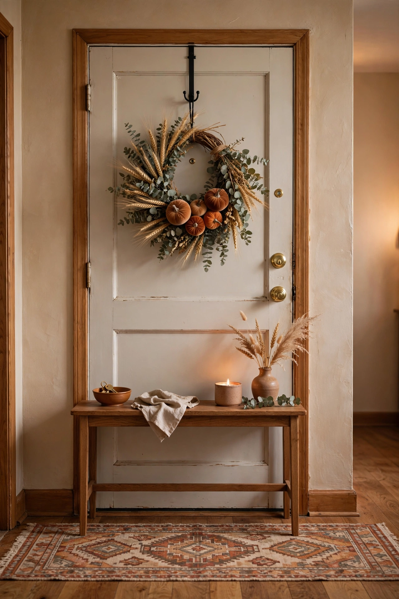 Inside of an apartment front door with a dried wheat and eucalyptus fall wreath with small velvet pumpkins on an over the door hook above a narrow console and runner rug.