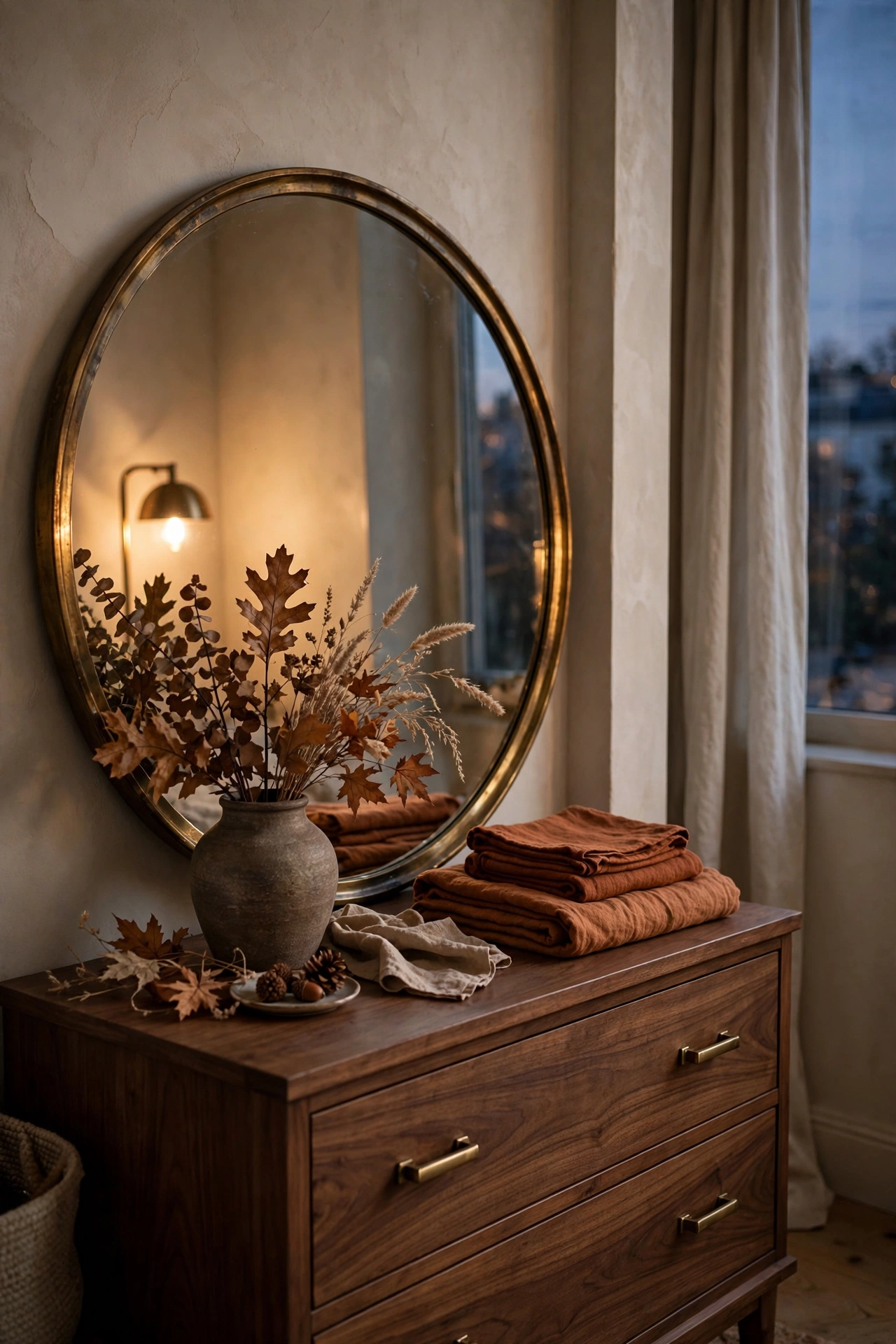 Apartment bedroom corner with a large round brass framed mirror leaning on a walnut dresser and reflecting warm lamplight beside dried fall foliage in a stoneware vase.