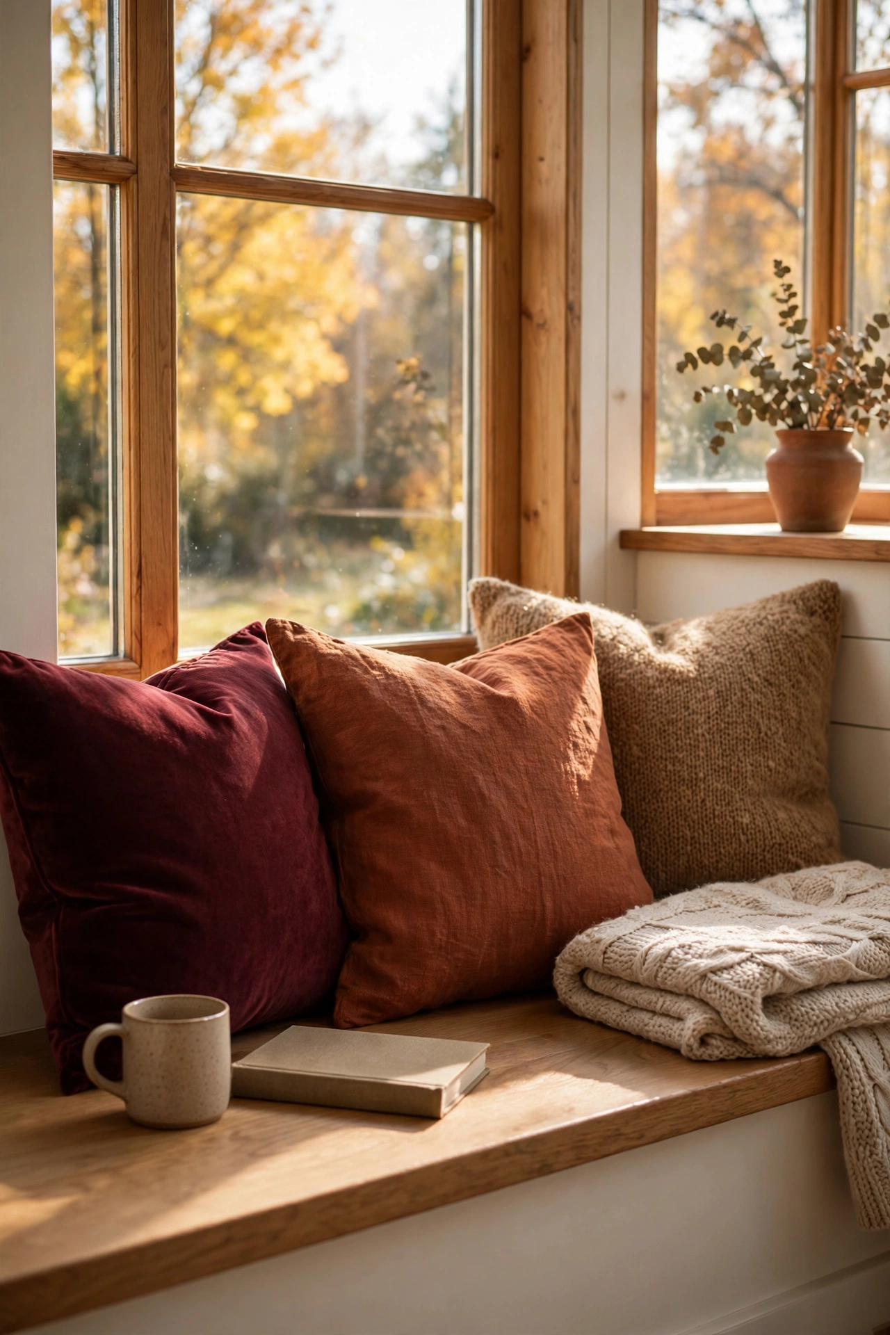 Sunny window bench styled with burgundy velvet, rust linen and camel wool pillow covers, a folded oatmeal knit blanket, a mug and a book in soft morning light.