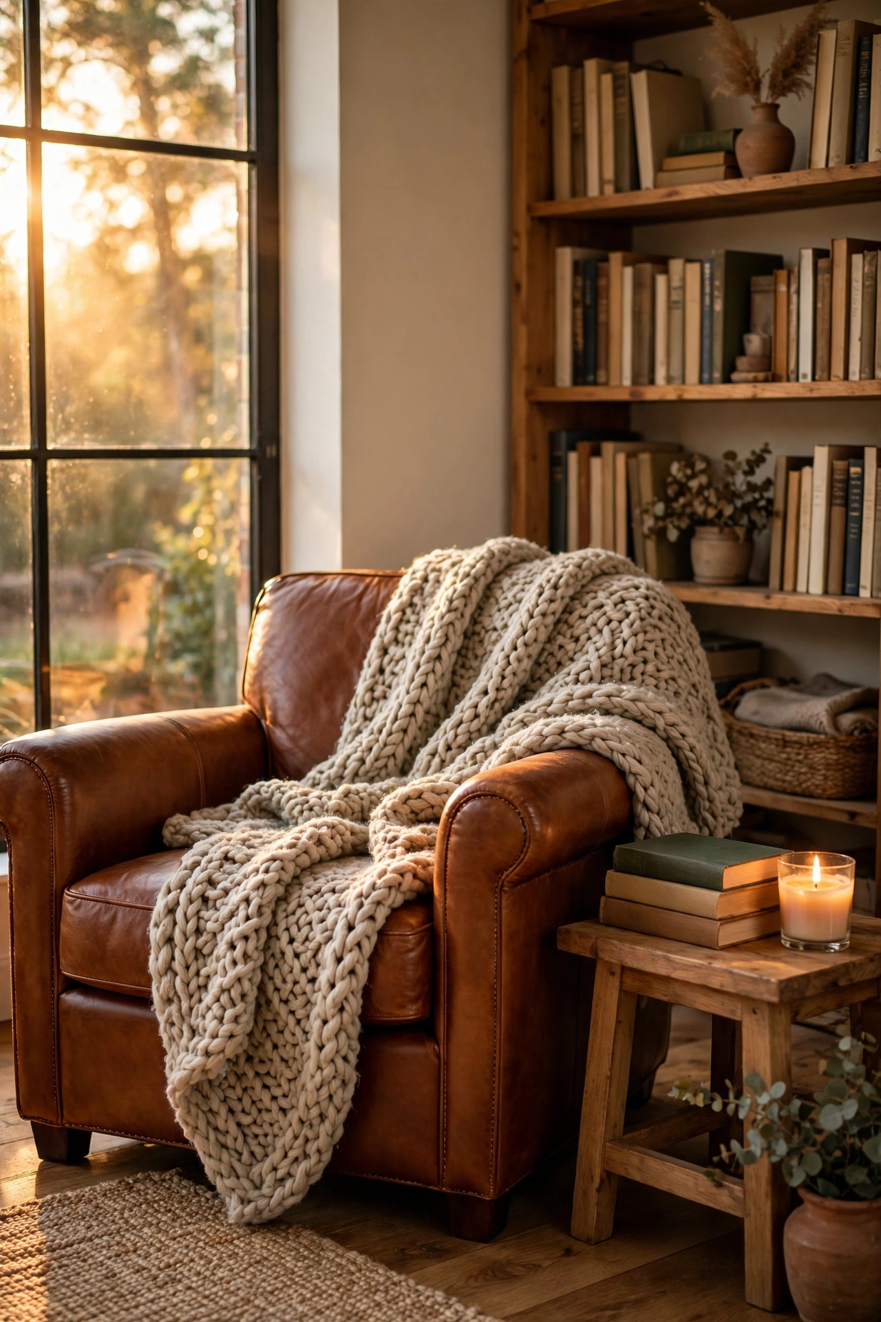 Cozy reading nook with a cognac leather armchair draped with a thick oatmeal chunky knit throw, stacked books and a glowing candle on a wood side table.