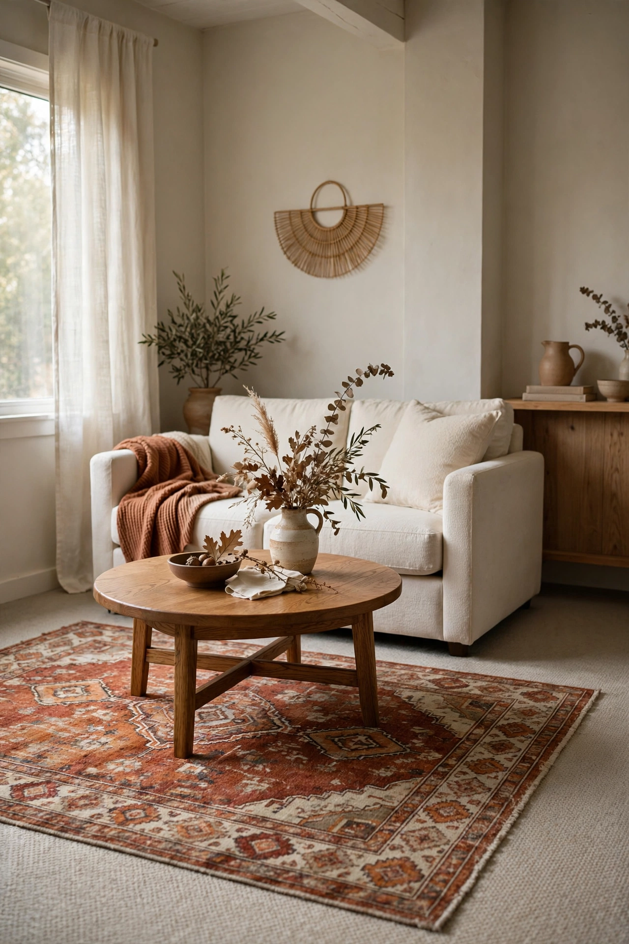 Studio apartment living area with a vintage style rug in rust and oatmeal layered over plain rental carpet under a round oak coffee table and a cream loveseat.