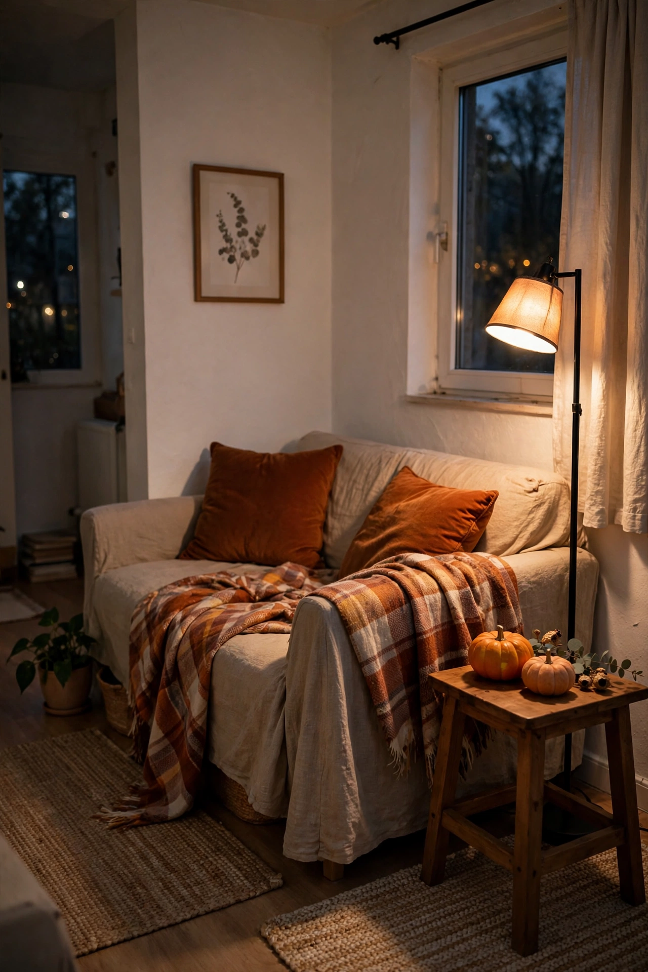 Small rental living room with a sofa in a warm oatmeal linen slipcover styled with rust cushions and a plaid throw beside a glowing floor lamp.