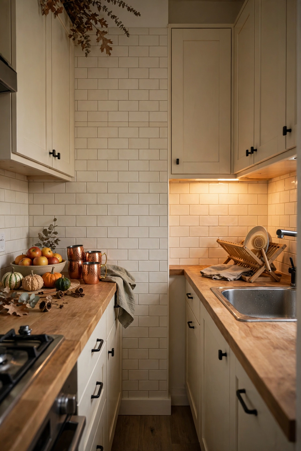 Galley rental kitchen with a cream peel and stick subway tile backsplash, wood counters, copper mugs, a bowl of apples and small gourds in warm light.