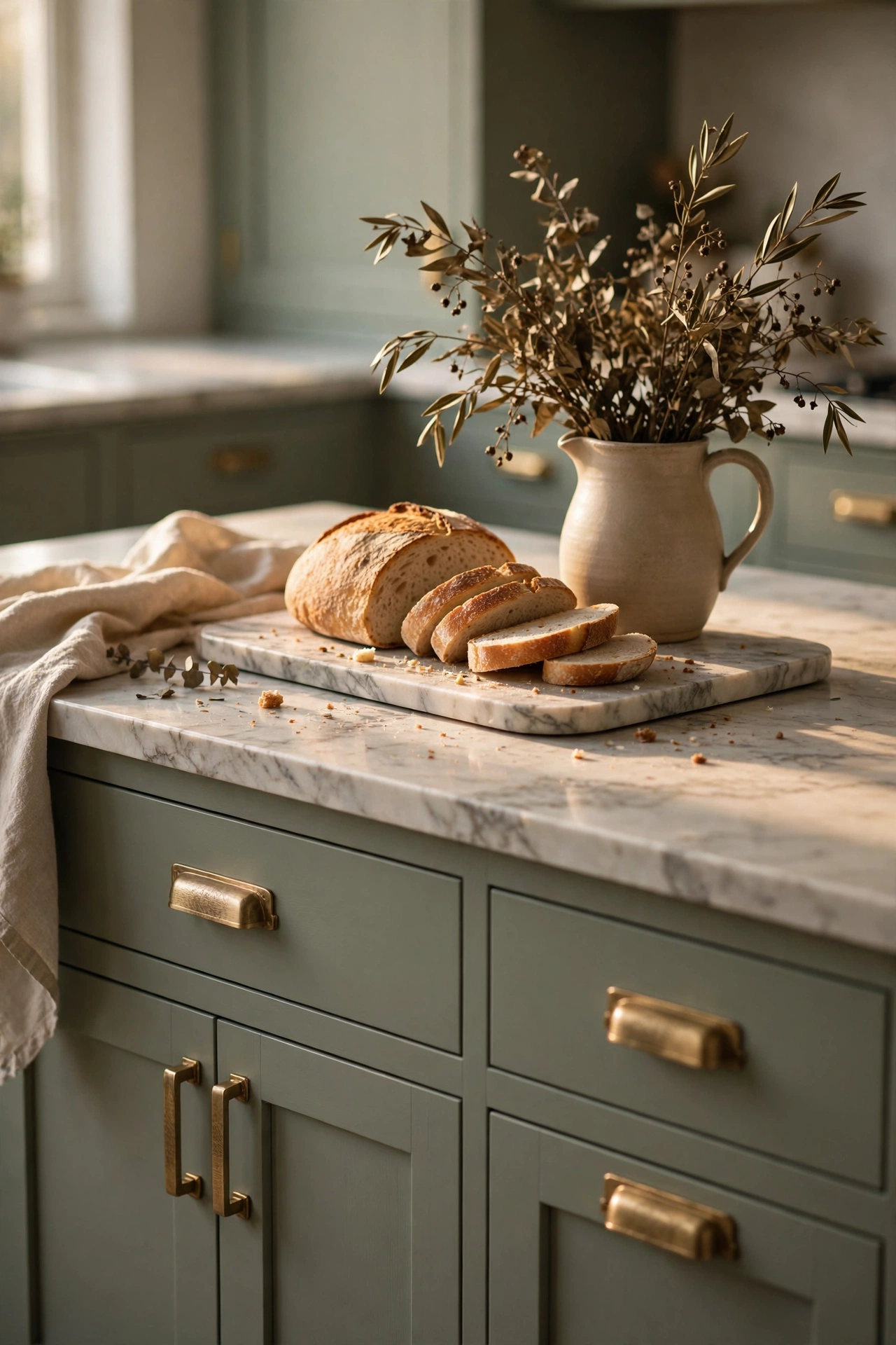 Close view of a kitchen island with sage green cabinets fitted with brushed brass pulls, a marble board with bread and a ceramic pitcher of dried leaves.