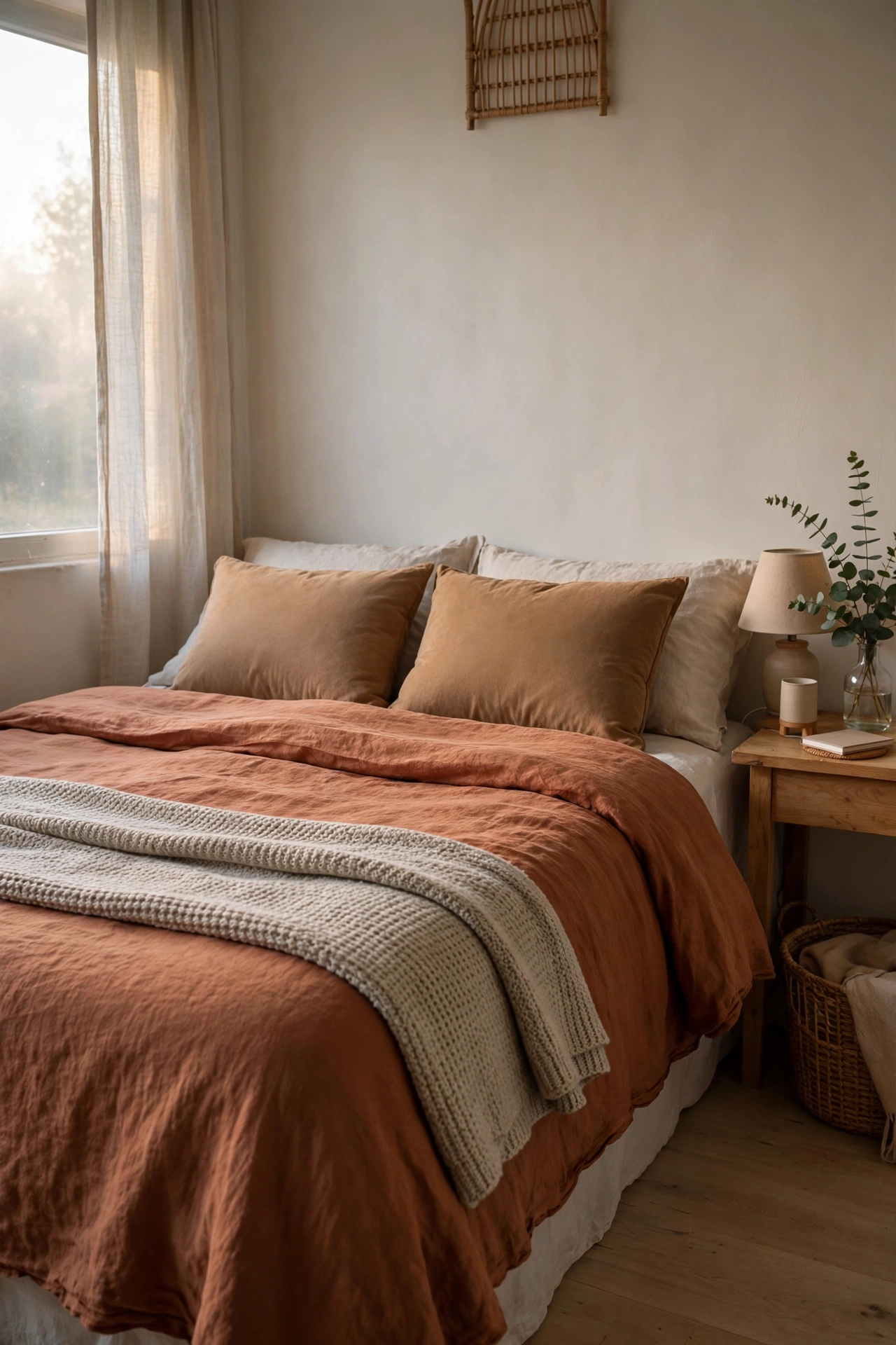 Serene rental bedroom with a bed dressed in a rust linen duvet cover, an oatmeal knit throw at the foot and camel cushions beside a lamp lit nightstand.