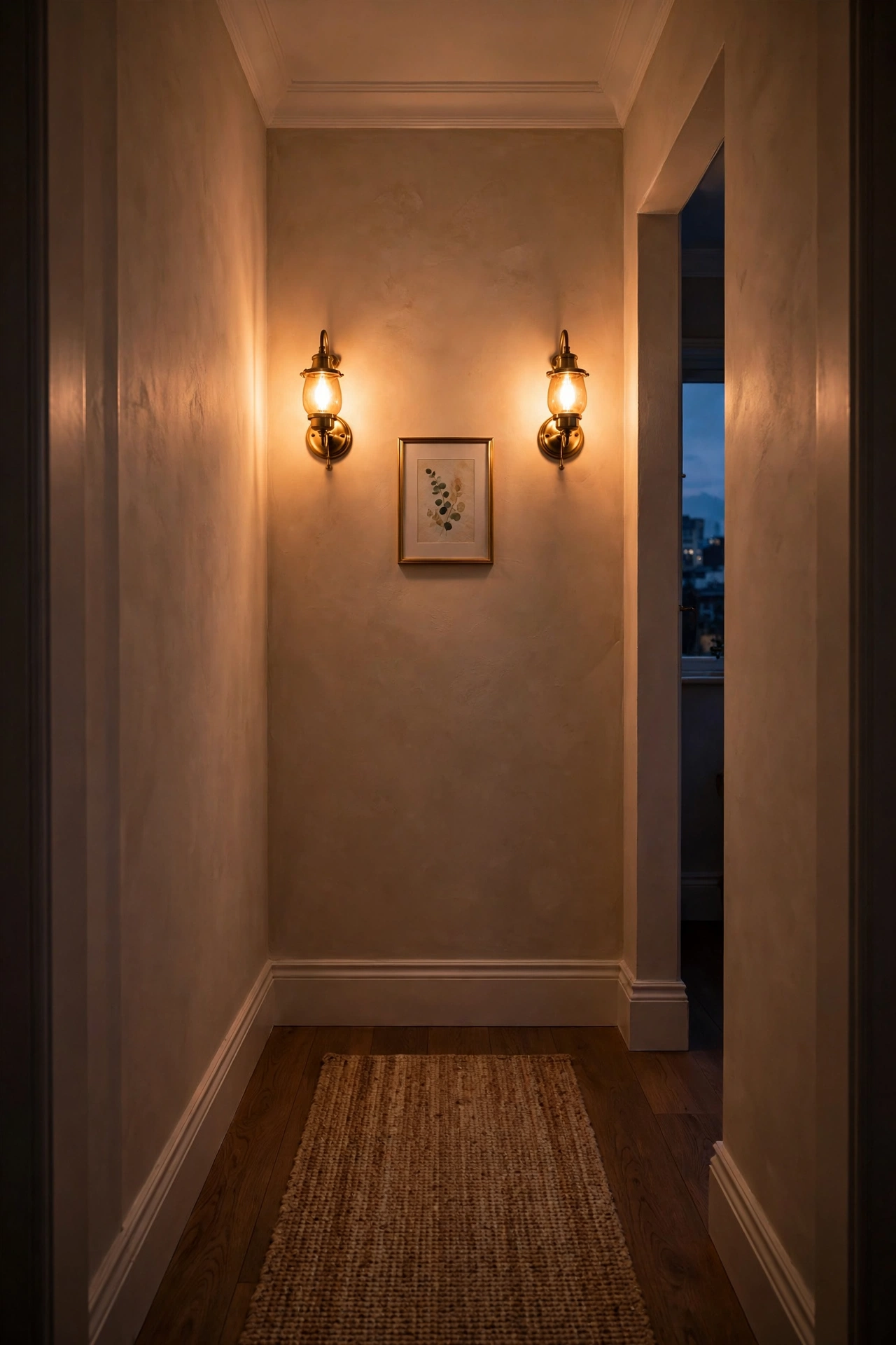 Narrow apartment hallway at dusk lit by two warm glowing brass battery wall sconces with a small framed print and a woven runner rug.