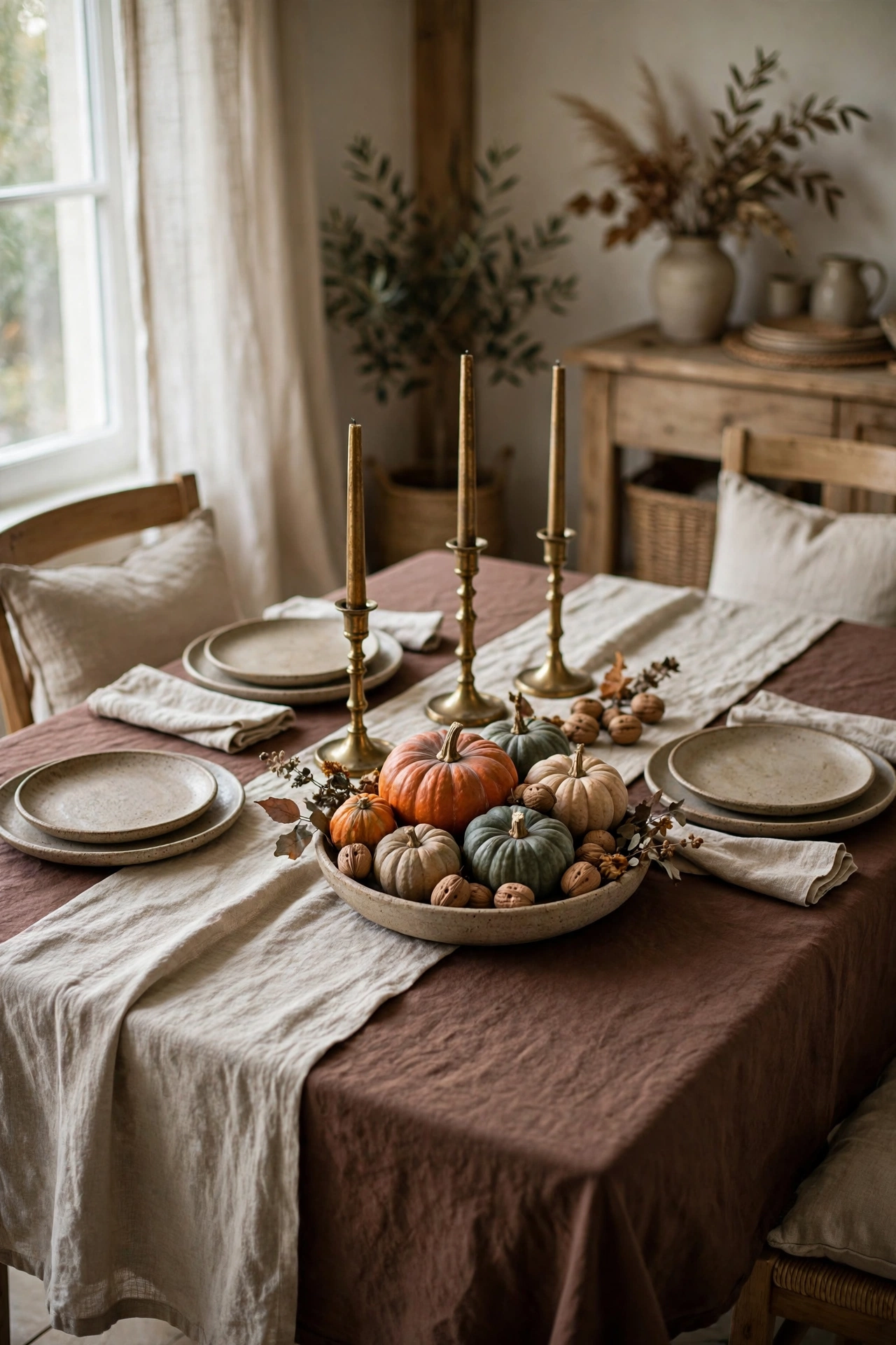 Dining table covered with a chocolate brown linen tablecloth and an oatmeal runner with brass candlesticks, stoneware plates and a low bowl of heirloom pumpkins.