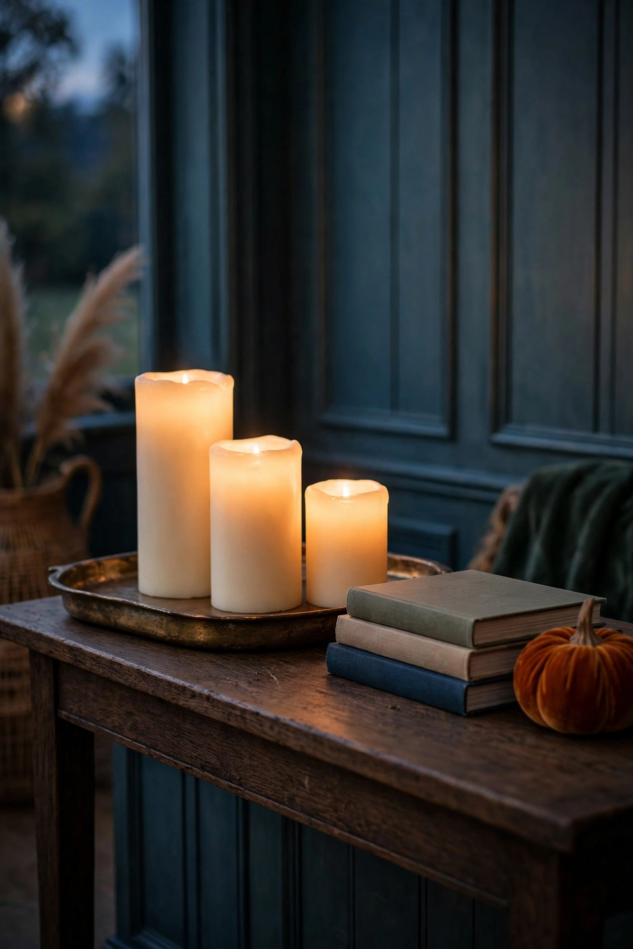 Den console table at dusk with an aged brass tray of glowing flameless pillar candles in varied heights, stacked art books and a small velvet pumpkin.