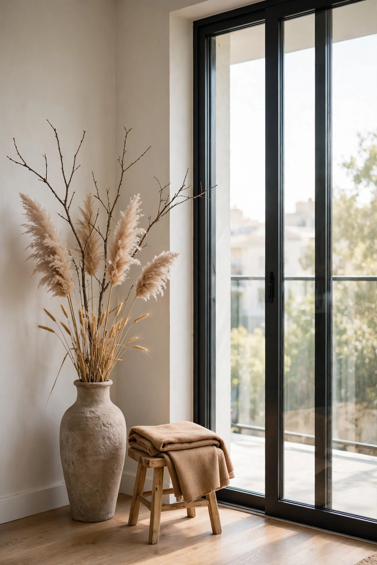 Apartment corner beside a glass balcony door with a tall stoneware floor vase of dried pampas grass, bare branches and wheat beside a wood stool with a folded camel throw.