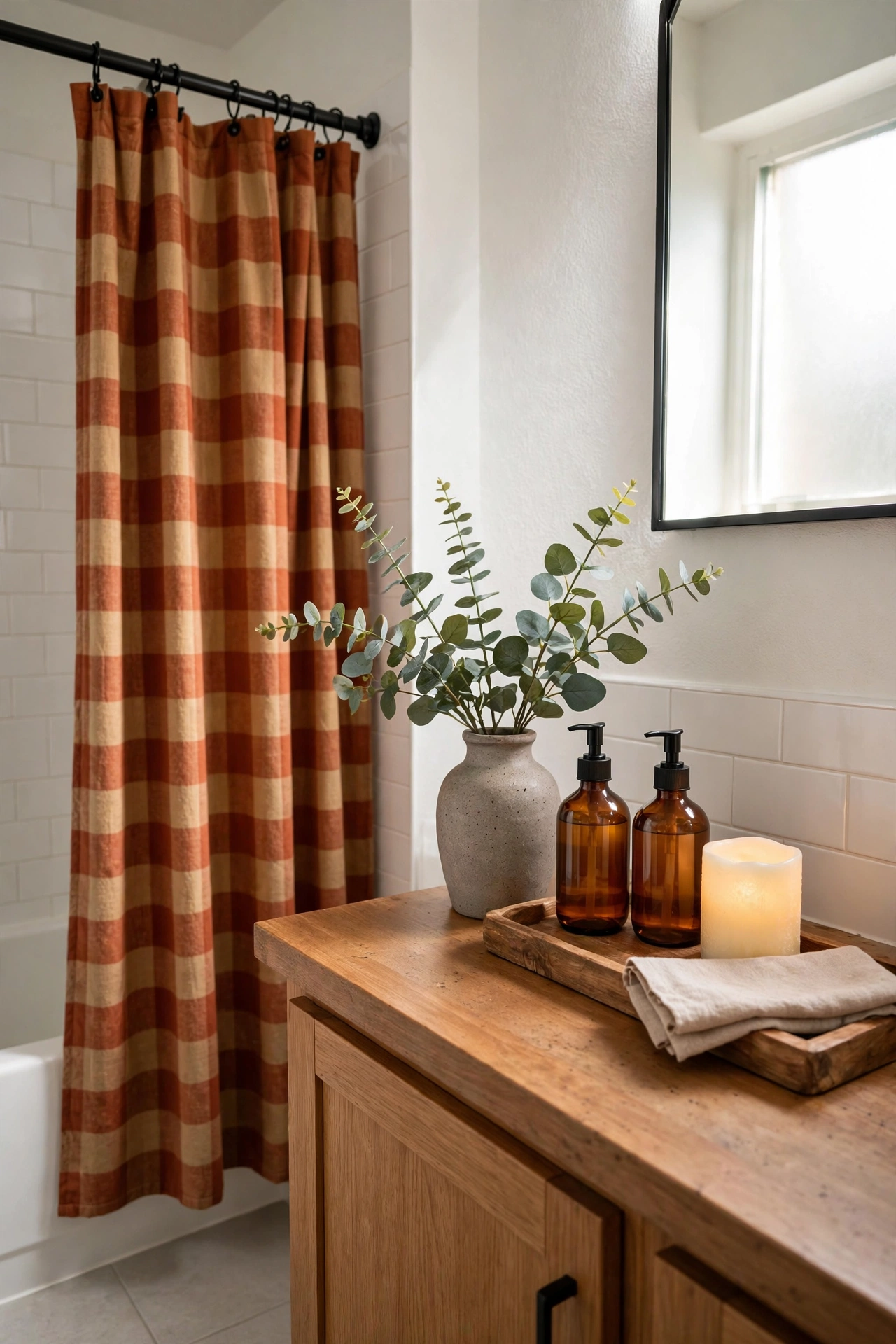 Small rental bathroom with a warm plaid shower curtain in rust and camel, eucalyptus in a stoneware vase, amber glass dispensers and a glowing flameless candle.
