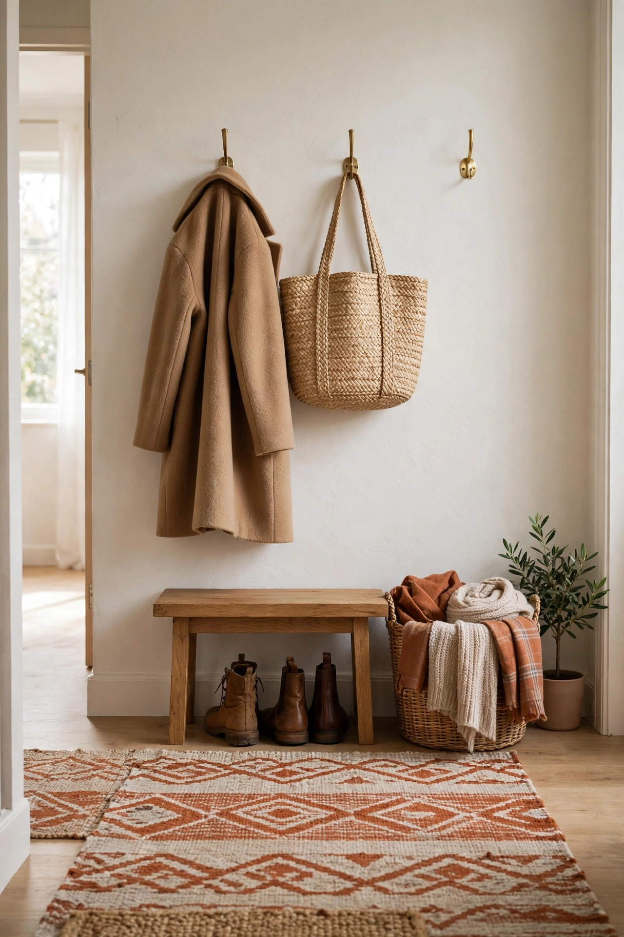 Tidy apartment entryway with adhesive brass hooks holding a camel coat and a woven tote, a washable rust and oatmeal runner and a small bench with boots tucked under.