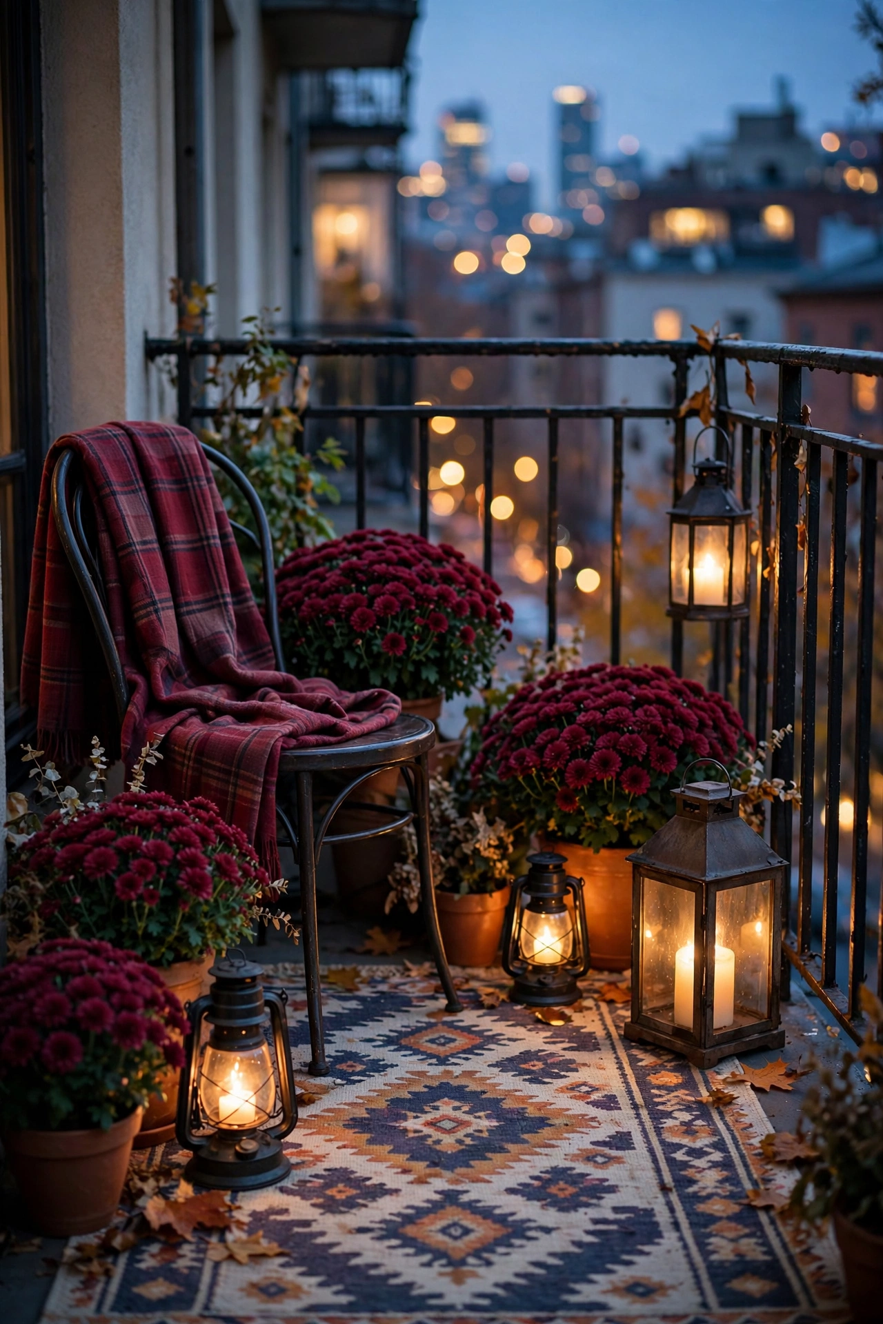 Small apartment balcony at dusk with a patterned outdoor rug, a bistro chair with a burgundy plaid throw, glowing lanterns and pots of burgundy mums.