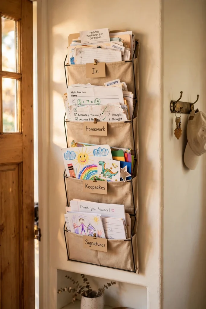 A wall-mounted file organizer with labeled folders for school papers near a front door in warm light.