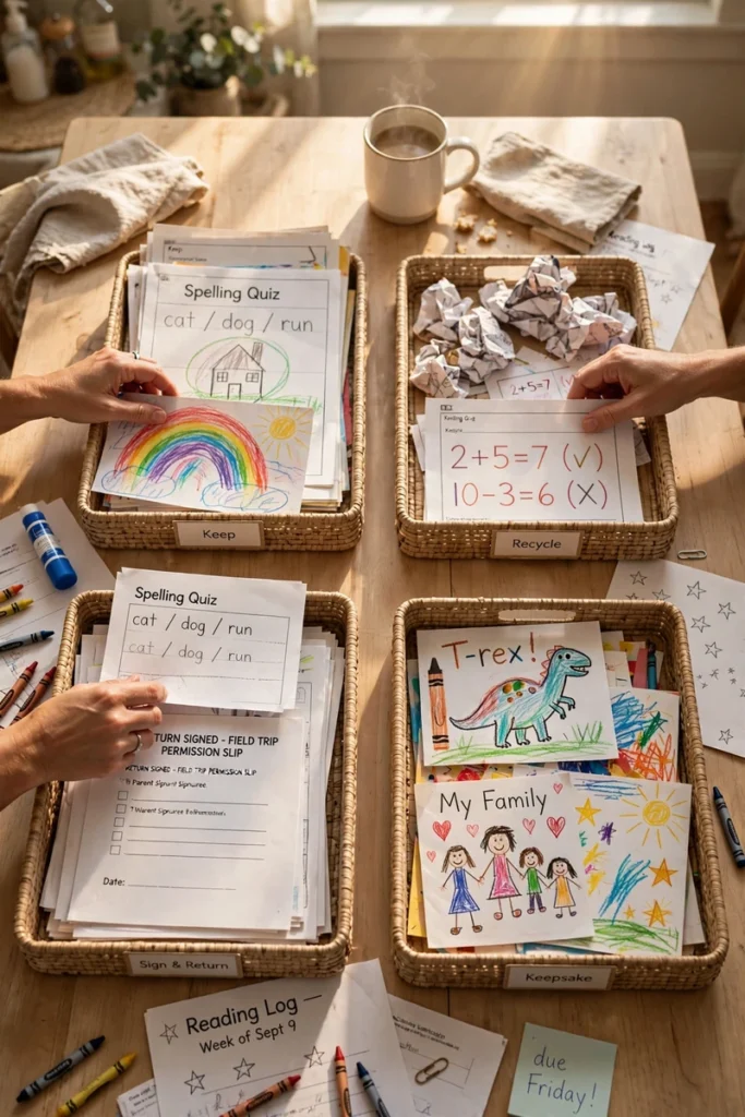 Hands sorting a stack of kids' school papers and artwork into labeled trays on a table.