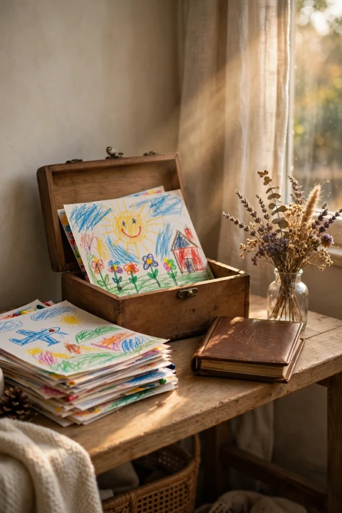 A keepsake box with a child's artwork and a photo album on a shelf in warm nostalgic light.
