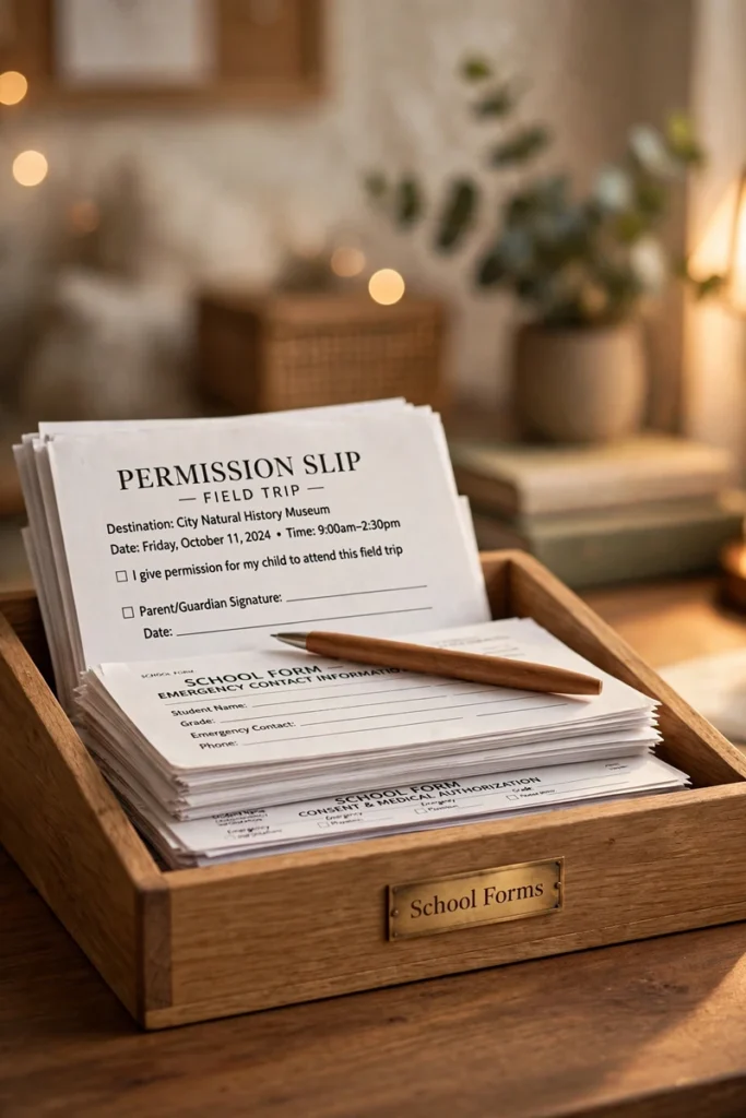 A tidy desk inbox tray labeled for school forms with a pen, close-up in warm light.