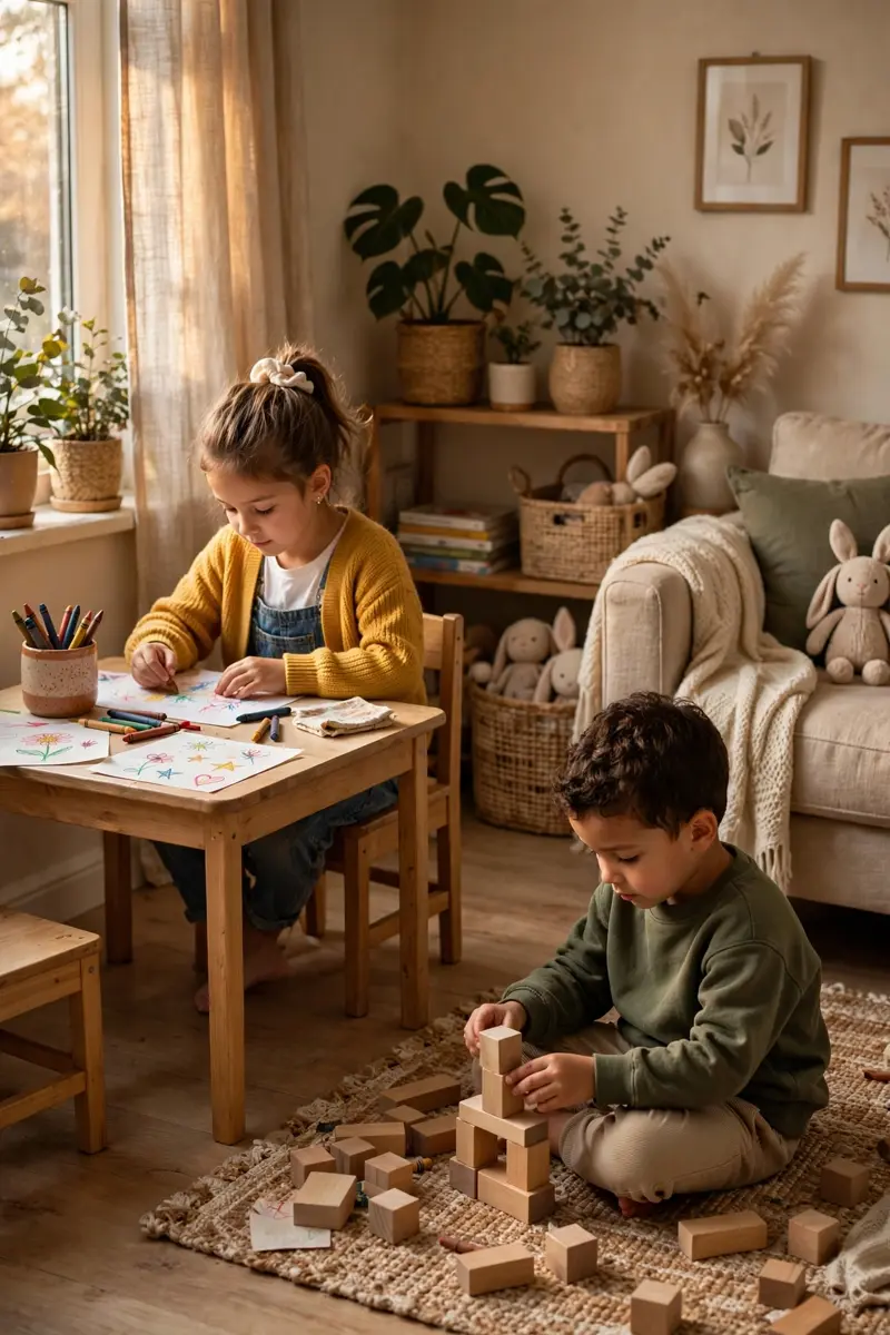 Two siblings playing peacefully in separate areas of a warm living room, one girl coloring at a small wooden table while a boy builds with wooden blocks on a rug