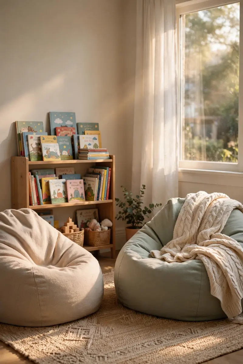 A cozy shared reading corner with a small bookshelf of children's books, two beanbag chairs, and a soft knit blanket in warm window light