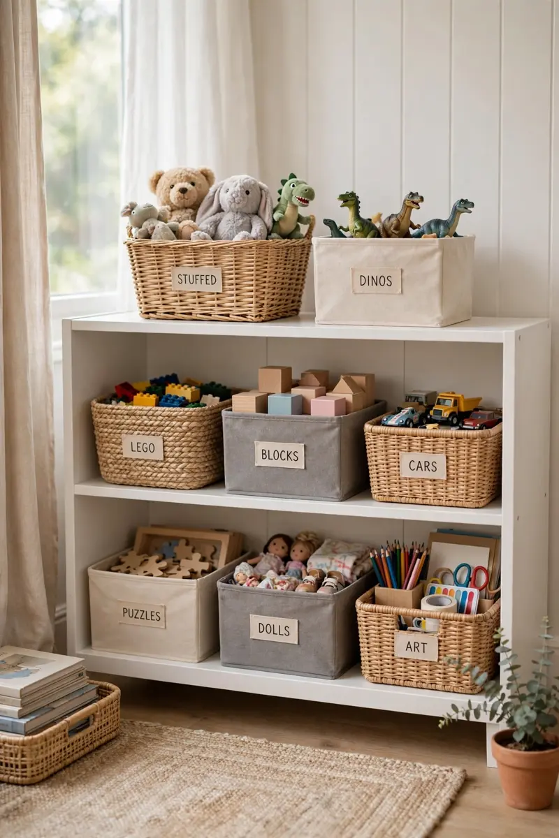Organized toy storage with labeled bins and baskets on low white shelves in a bright, tidy playroom