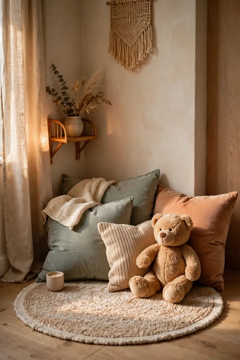 A calm-down corner with soft plush pillows, a cuddly stuffed toy, and a small round rug in warm soothing light