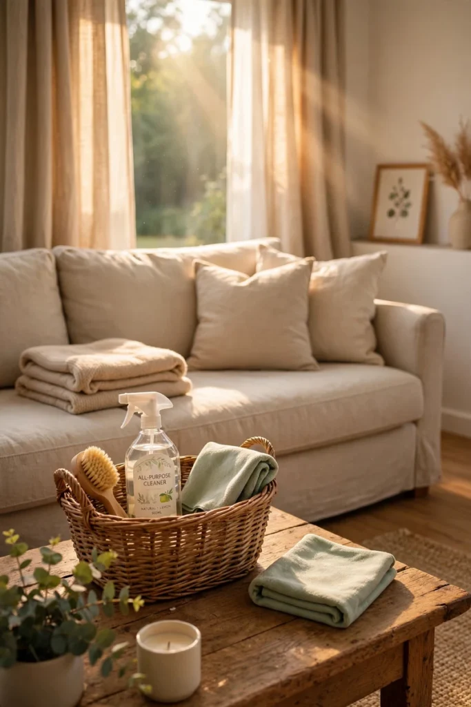 A calm living room on a Sunday morning with warm sunlight streaming through the windows and a woven basket of cleaning supplies on the coffee table, ready for the weekly reset.