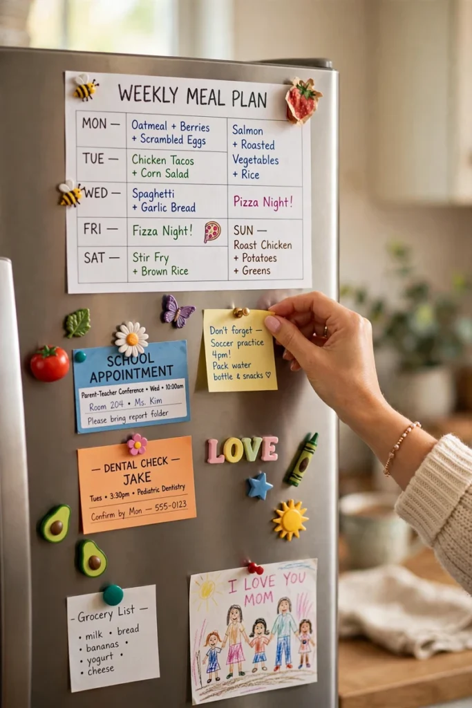 A kitchen fridge door covered with a weekly meal plan and appointment magnets, with a mom's hand sticking a fresh note under warm morning light.