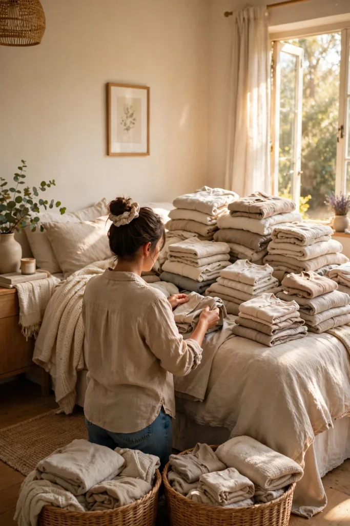 A bright warm bedroom with a bed piled high with freshly folded laundry and full laundry baskets waiting at the foot of the bed.