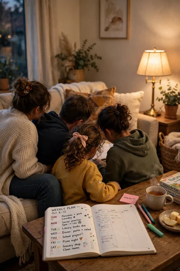 A cozy Sunday evening scene with a family gathered on the couch around a weekly planning notebook, glowing in warm lamplight.