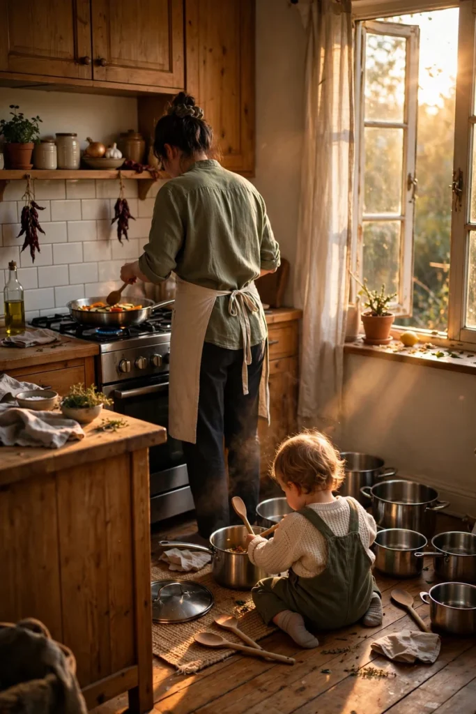 A parent cooking at the stove while a toddler plays with pots on the kitchen floor nearby in warm golden light.