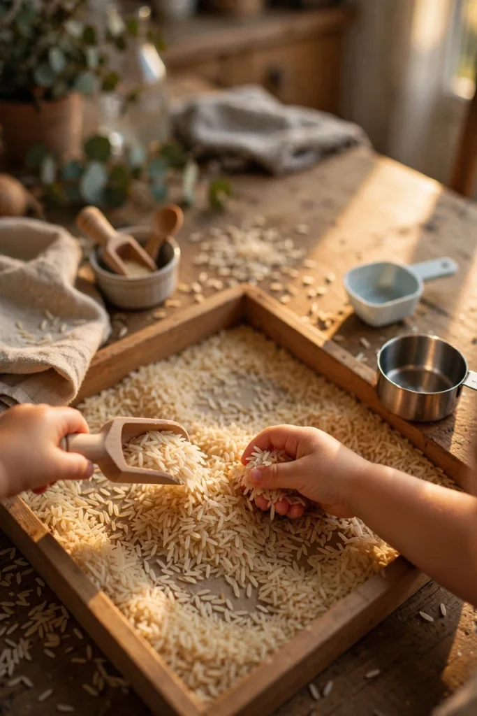 A sensory busy box with rice and scoops on a kitchen table, small child's hands playing.