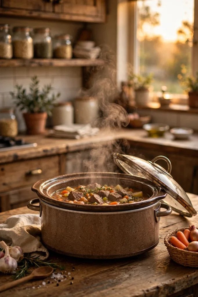 A slow cooker on a kitchen counter with dinner simmering inside, steam rising in cozy light.
