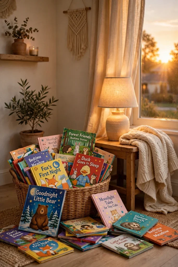 A calm living room corner with a basket of picture books and a softly glowing lamp.